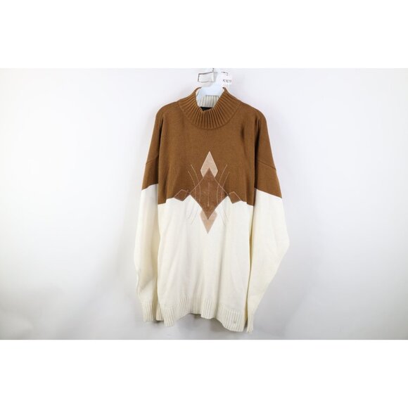 Vtg 90s Y2K Streetwear Mens 2XL Geometric Diamond Ribbed Knit Mock Neck Sweater